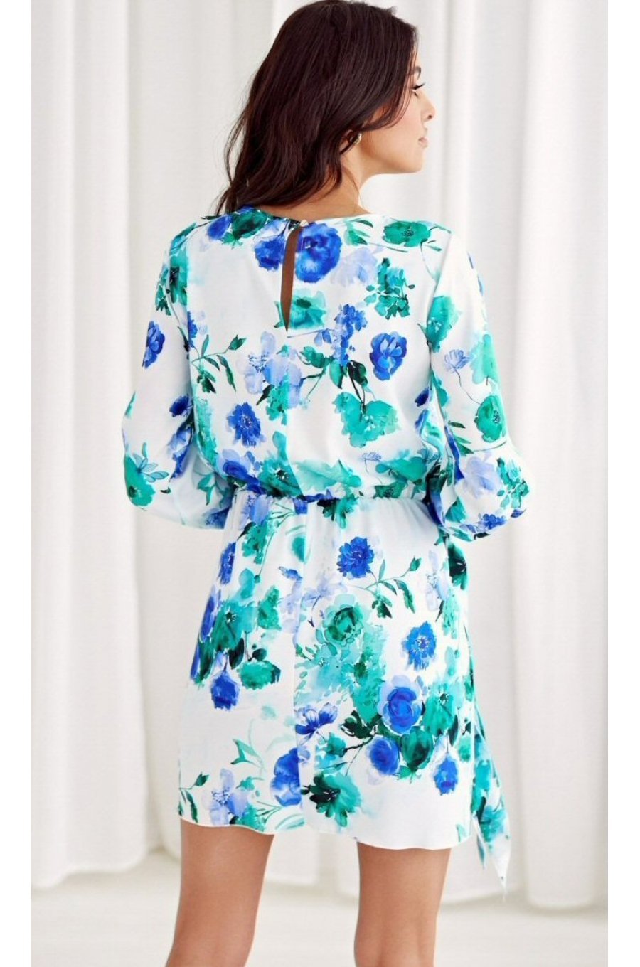 Rochie de zi scurta, ecru cu flori blue menta, cu maneca lunga,  Safye 3 - jojofashion.ro