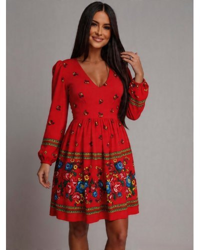 Rochii, Rochie midi traditionala rosie cu print gipsy Rose - jojofashion.ro