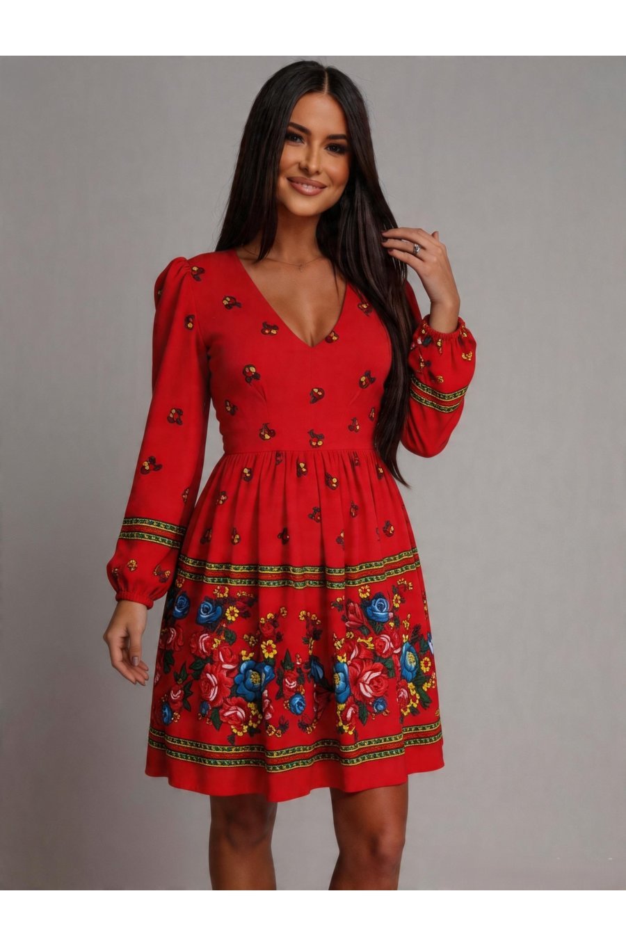 Rochie midi traditionala rosie cu print gipsy Rose 1 - jojofashion.ro