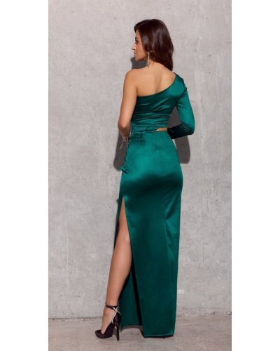 Rochie lunga din satin verde smarald mulata cu o singura maneca EdithR Rochii lungi, Rochie lunga din satin verde smarald mulata cu o singura maneca EdithR - jojofashion.ro