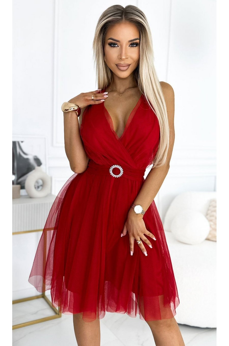 Rochie eleganta baby doll scurta, din tulle, rosie, in clos, Amirah 1 - jojofashion.ro