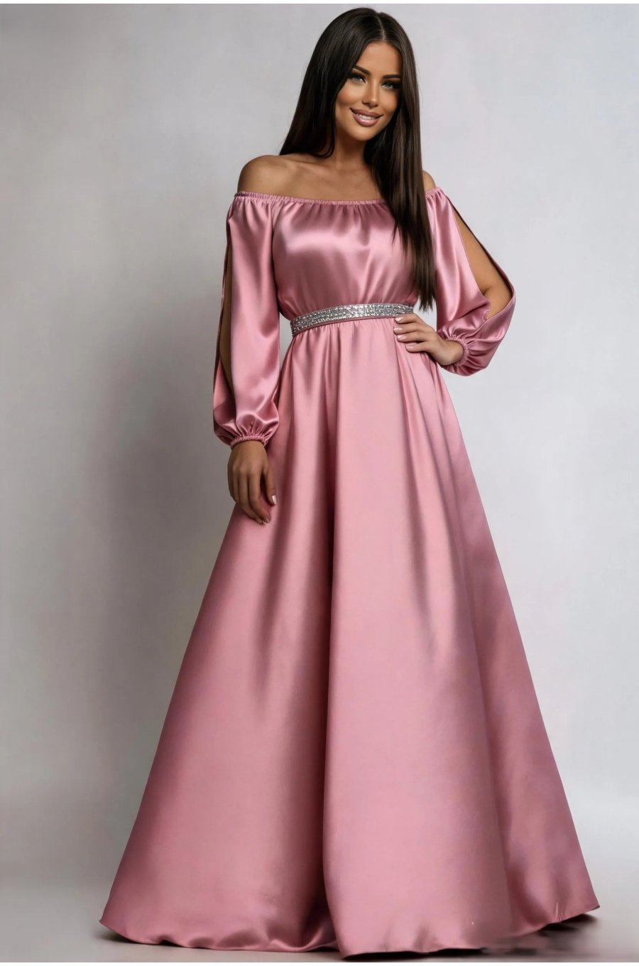 Rochie eleganta de ocazie lunga din satin roz pal cu maneca lunga vaporoasa Larisa  1 - jojofashion.ro