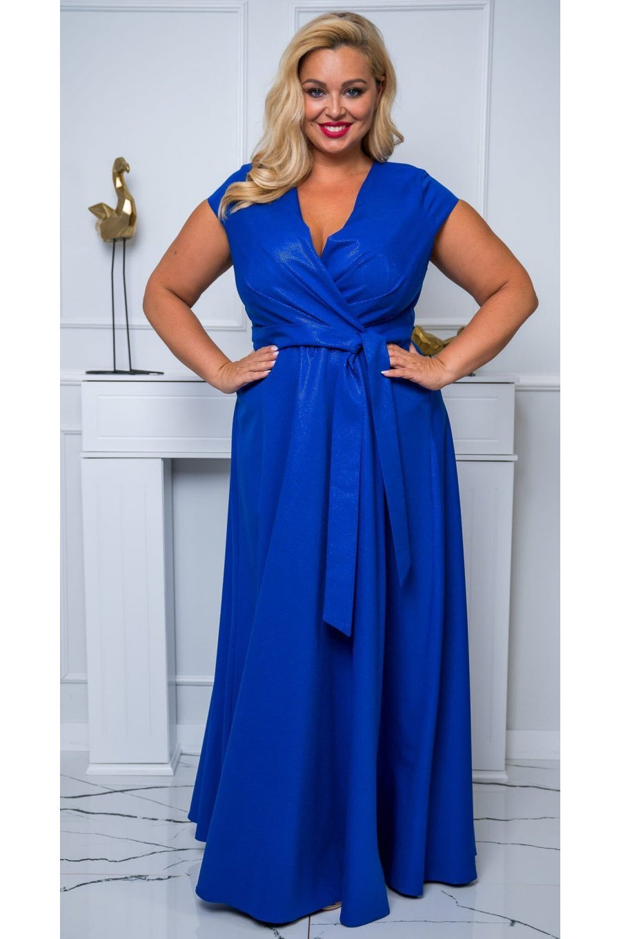 Rochie marime mare eleganta, lunga, albastra din brocard, NataliaB 2 - jojofashion.ro