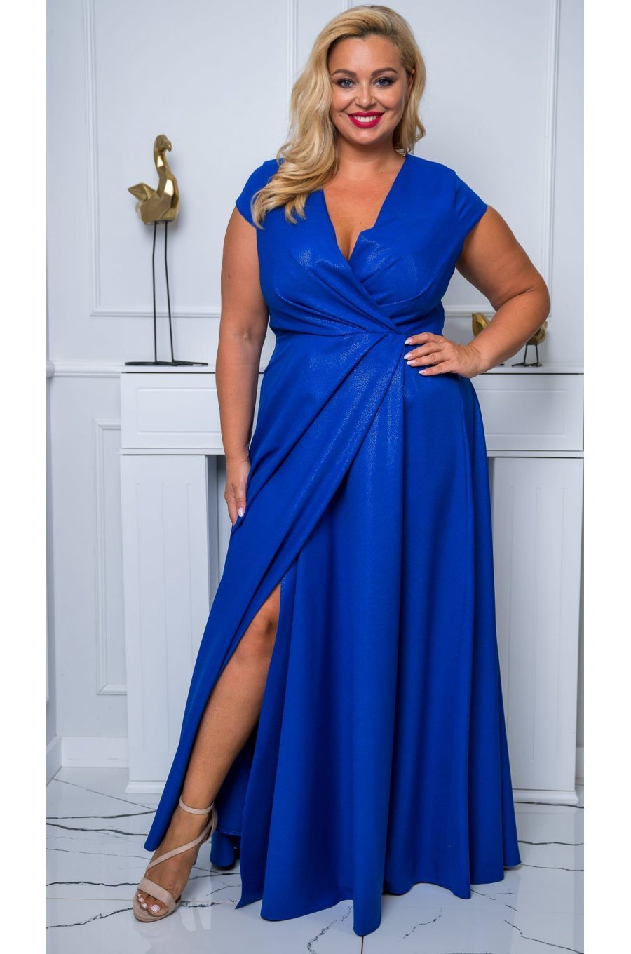Rochie marime mare eleganta, lunga, albastra din brocard, NataliaB 3 - jojofashion.ro
