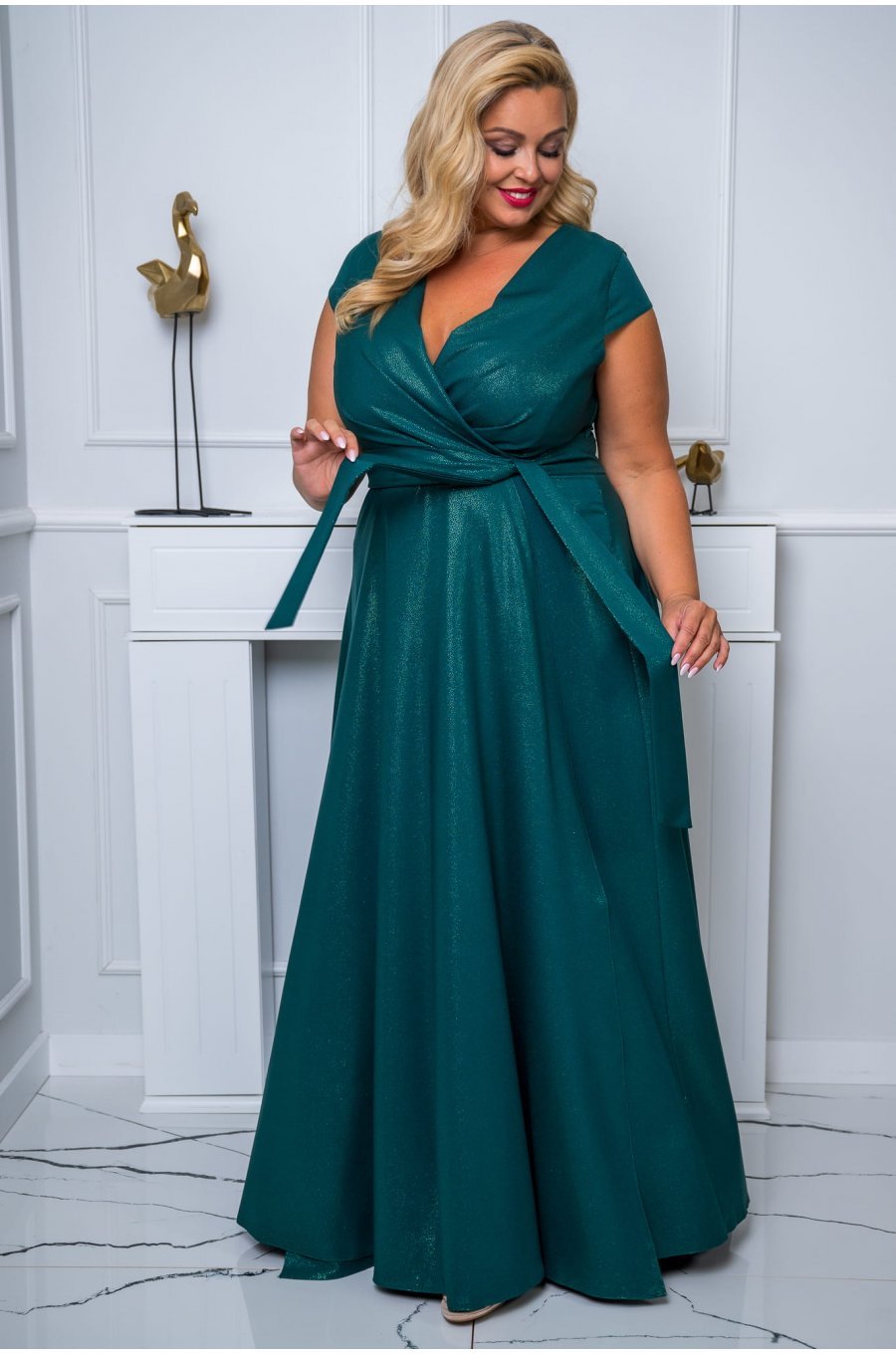 Rochie marime mare eleganta, lunga, verde, din brocard, petrecuta, NataliaB 1 - jojofashion.ro