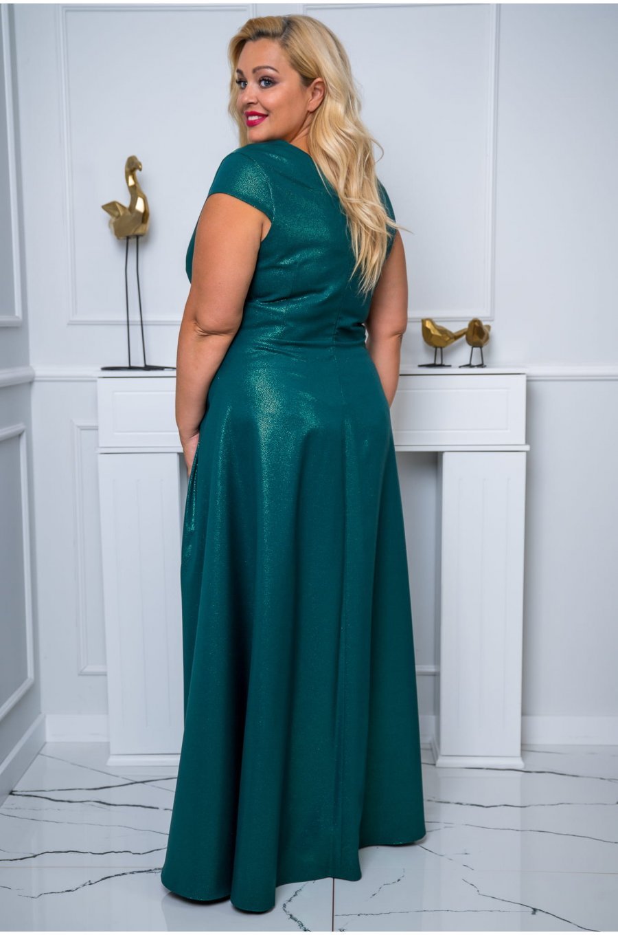 Rochie marime mare eleganta, lunga, verde, din brocard, petrecuta, NataliaB 2 - jojofashion.ro