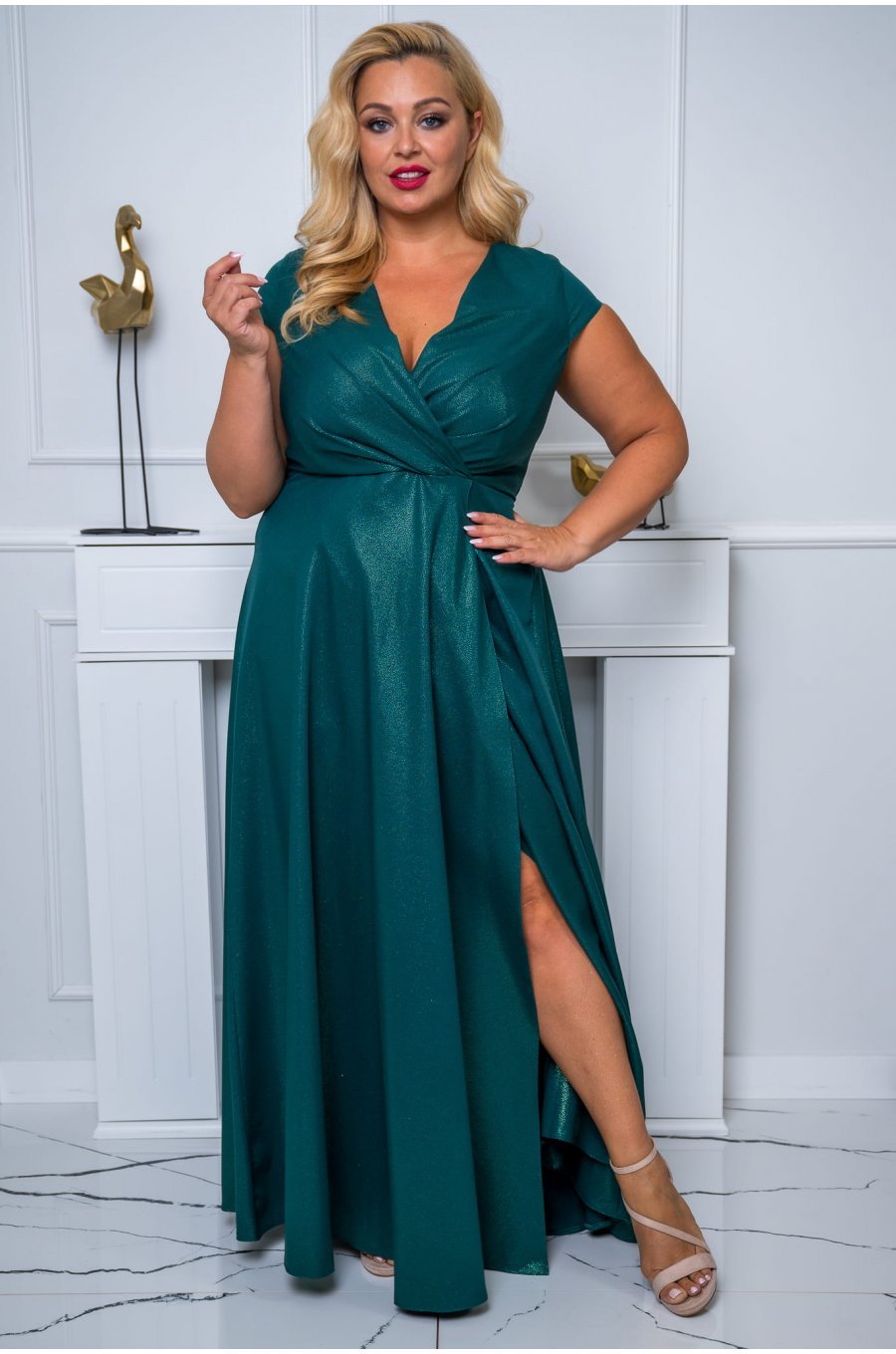 Rochie marime mare eleganta, lunga, verde, din brocard, petrecuta, NataliaB 3 - jojofashion.ro
