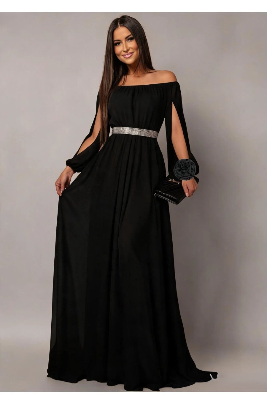 Rochie eleganta lunga de ocazie neagra din voal vaporoasa Afrodita 1 - jojofashion.ro