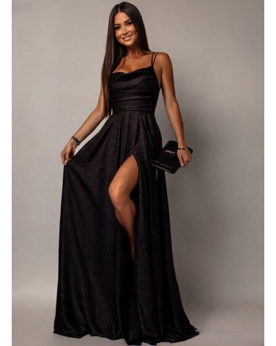 Rochii negre, Rochie eleganta lunga din brocard neagra cu bust tip corset Precious - jojofashion.ro
