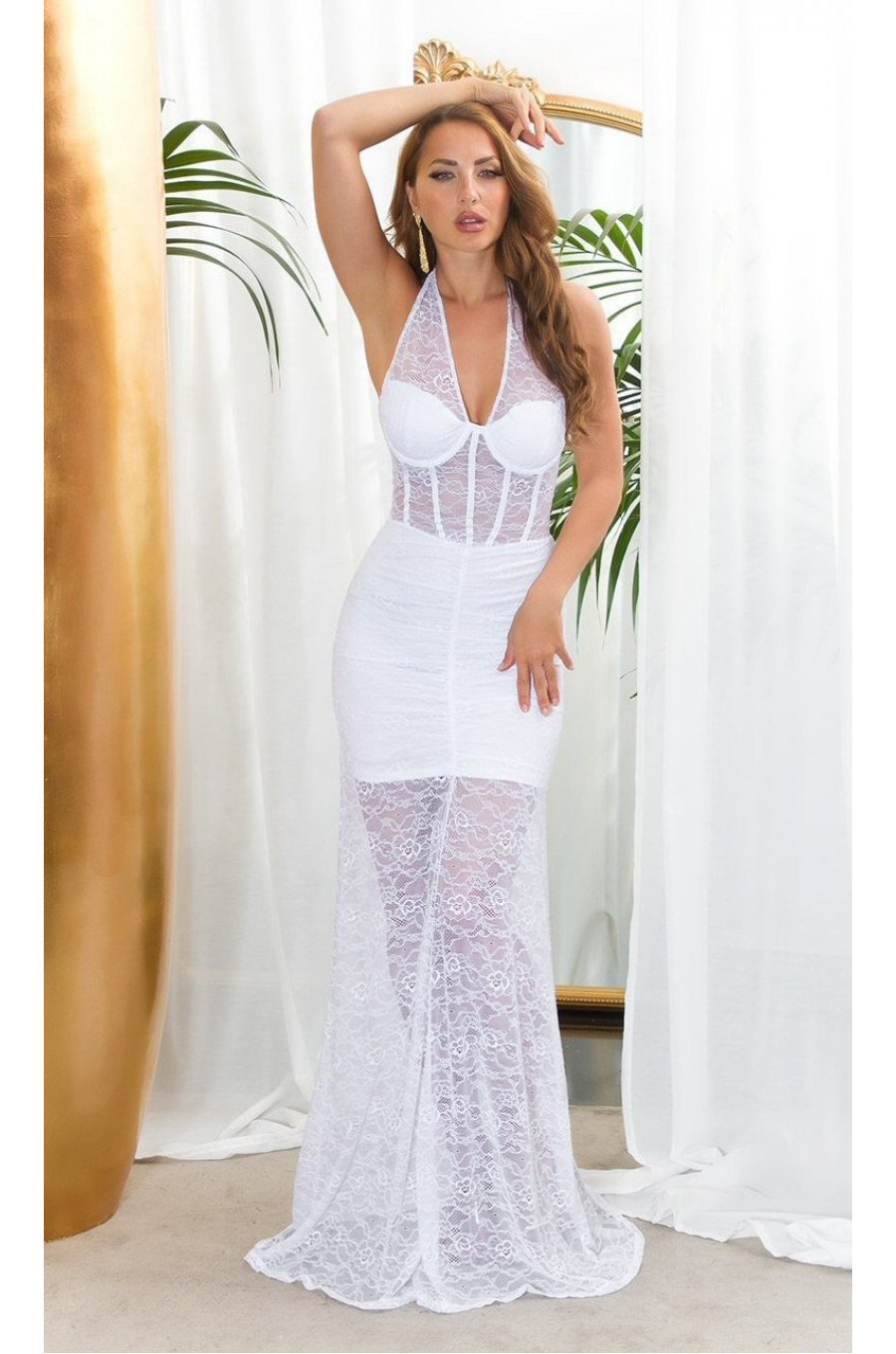 Rochie lunga alba din dantela cu bust tip corset Camy 1 - jojofashion.ro