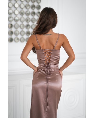Rochii de Ocazie Elegante, Rochie eleganta lunga din satin bej camel mulata Maya - jojofashion.ro