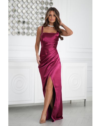 Rochii de Ocazie Elegante, Rochie eleganta lunga din satin burgundy mulata Maya - jojofashion.ro