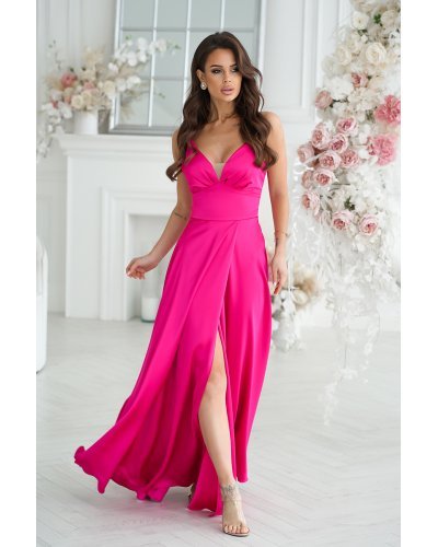 Rochii domnisoare de onoare, Rochie lunga din satin roz fucsia Aleeza - jojofashion.ro
