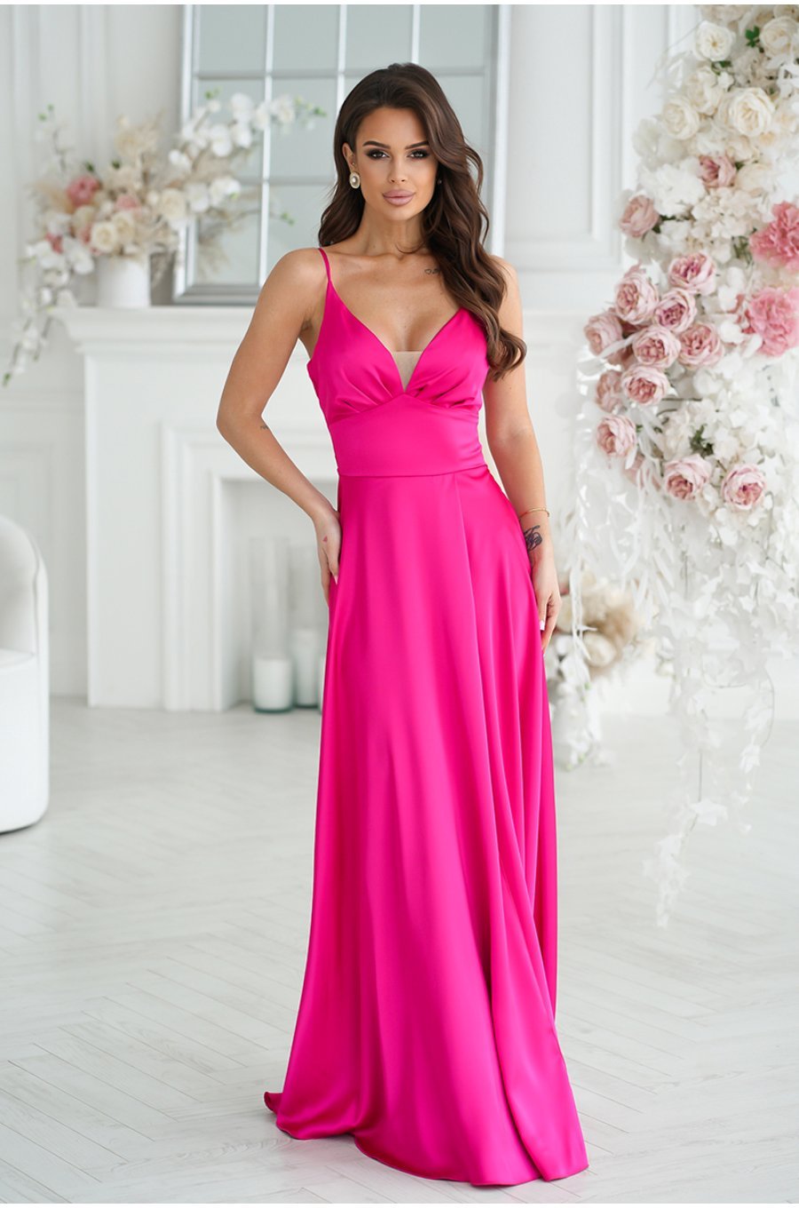 Rochie lunga din satin roz fucsia Aleeza 3 - jojofashion.ro