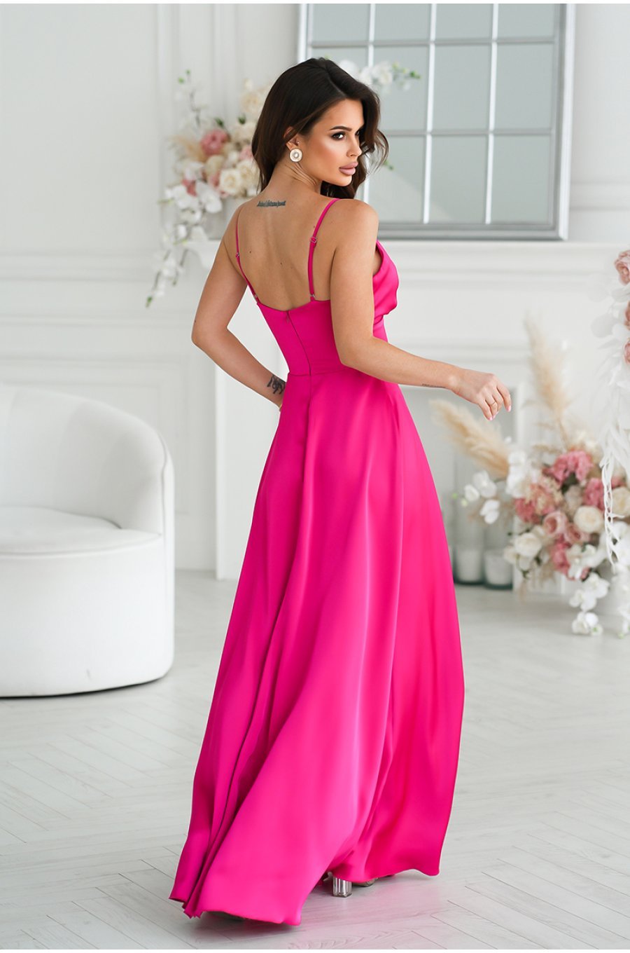 Rochie lunga din satin roz fucsia Aleeza 2 - jojofashion.ro