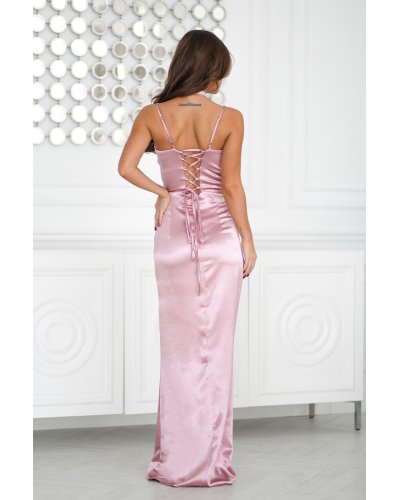 Rochii de Ocazie Elegante, Rochie eleganta lunga din satin roz pudra mulata Maya - jojofashion.ro