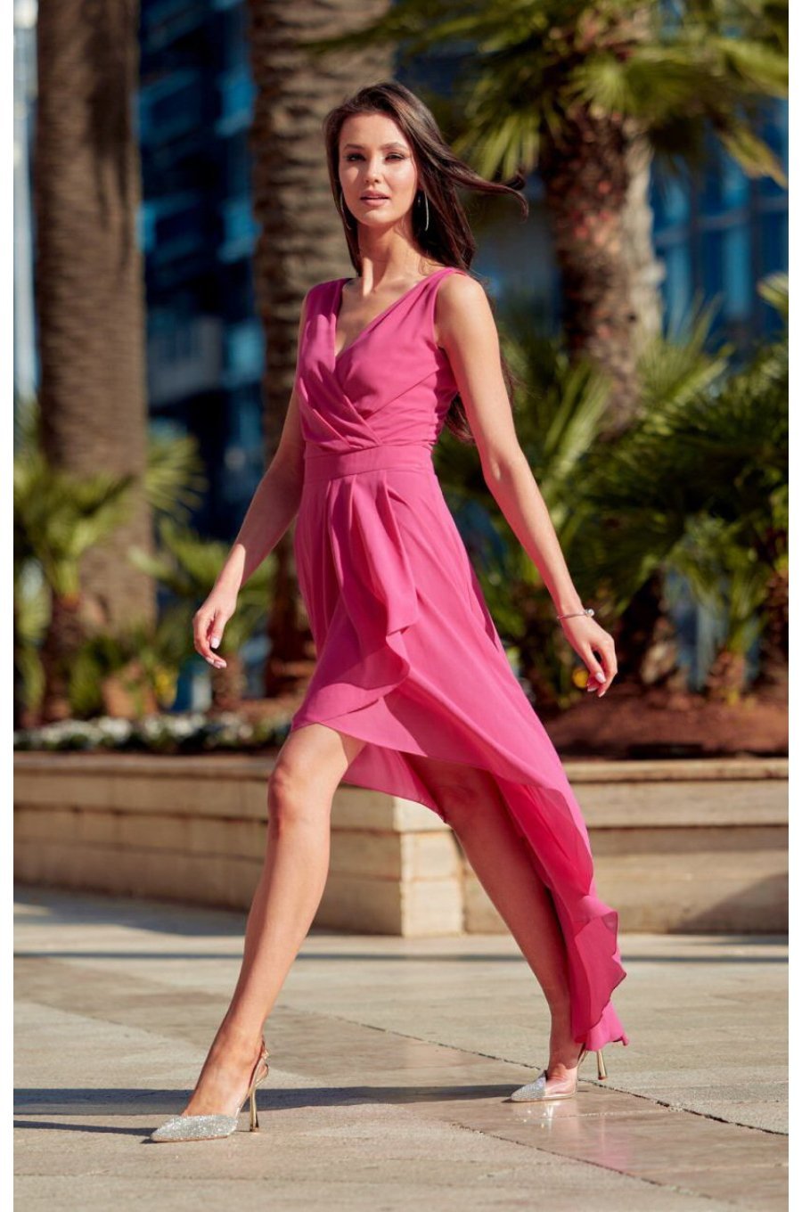 Rochie lunga din voal roz fucsia vaporoasa Fiona 3 - jojofashion.ro