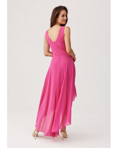 Rochii roz, Rochie lunga din voal roz fucsia vaporoasa Fiona - jojofashion.ro