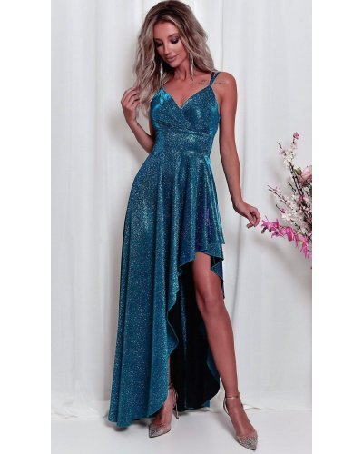 Rochie eleganta lunga, glitter, albastru turcoaz cu reflexii, asimetrica, cu decolteu plic, EssaW Rochii lungi, Rochie eleganta lunga, glitter, albastru turcoaz cu reflexii, asimetrica, cu decolteu plic, EssaW - jojofashion.ro