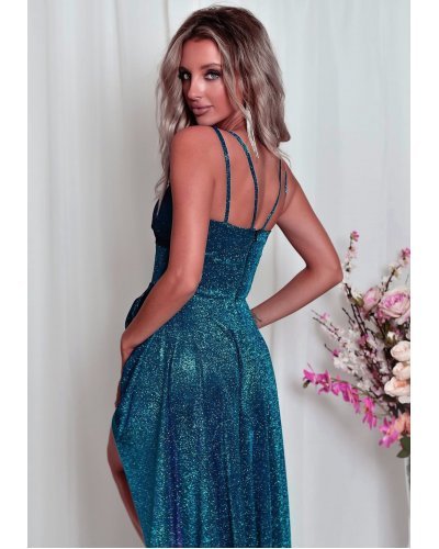 Rochie eleganta lunga, glitter, albastru turcoaz cu reflexii, asimetrica, cu decolteu plic, EssaW Rochii lungi, Rochie eleganta lunga, glitter, albastru turcoaz cu reflexii, asimetrica, cu decolteu plic, EssaW - jojofashion.ro