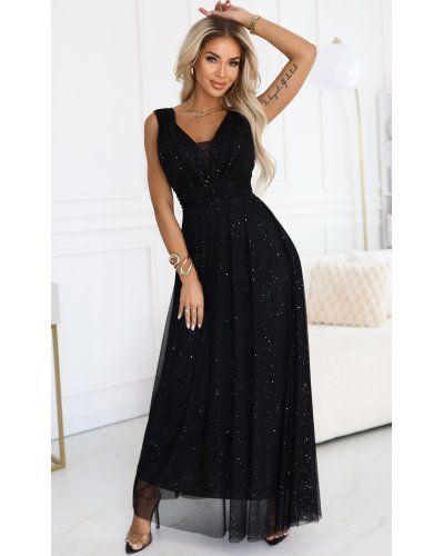 Rochii vaporoase, Rochie eleganta lunga neagra din brocard vaporoasa petrecuta Melania - jojofashion.ro