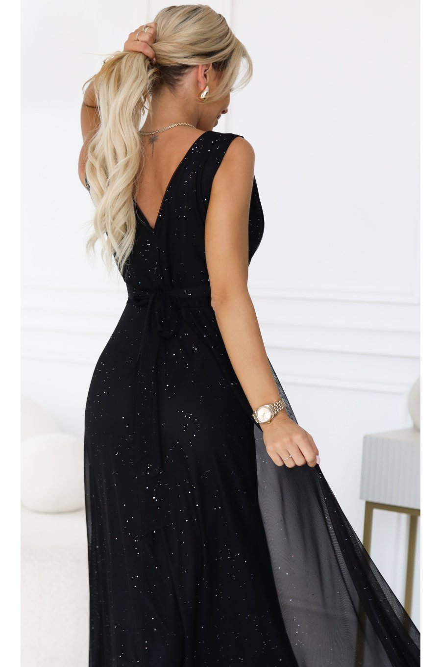 Rochie eleganta lunga neagra din brocard vaporoasa petrecuta Melania 4 - jojofashion.ro