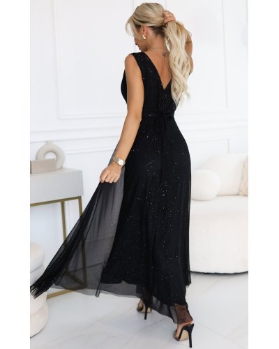 Rochii vaporoase, Rochie eleganta lunga neagra din brocard vaporoasa petrecuta Melania - jojofashion.ro