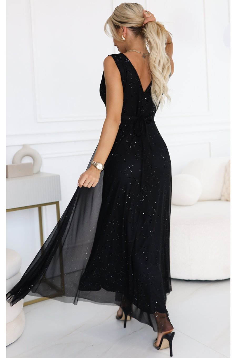 Rochie eleganta lunga neagra din brocard vaporoasa petrecuta Melania 2 - jojofashion.ro