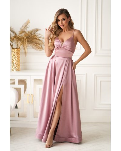 Rochii de nasa, Rochie eleganta lunga satin roz pudra cu bust tip corset vaporoasa Saphira - jojofashion.ro