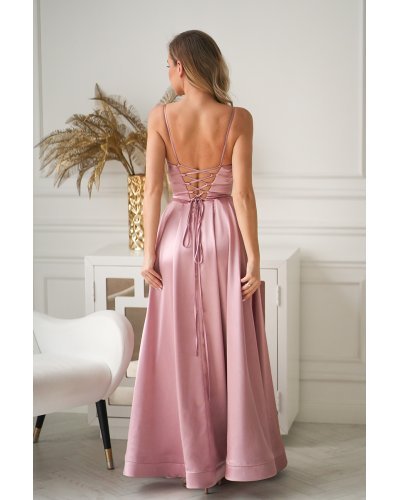 Rochii de nasa, Rochie eleganta lunga satin roz pudra cu bust tip corset vaporoasa Saphira - jojofashion.ro