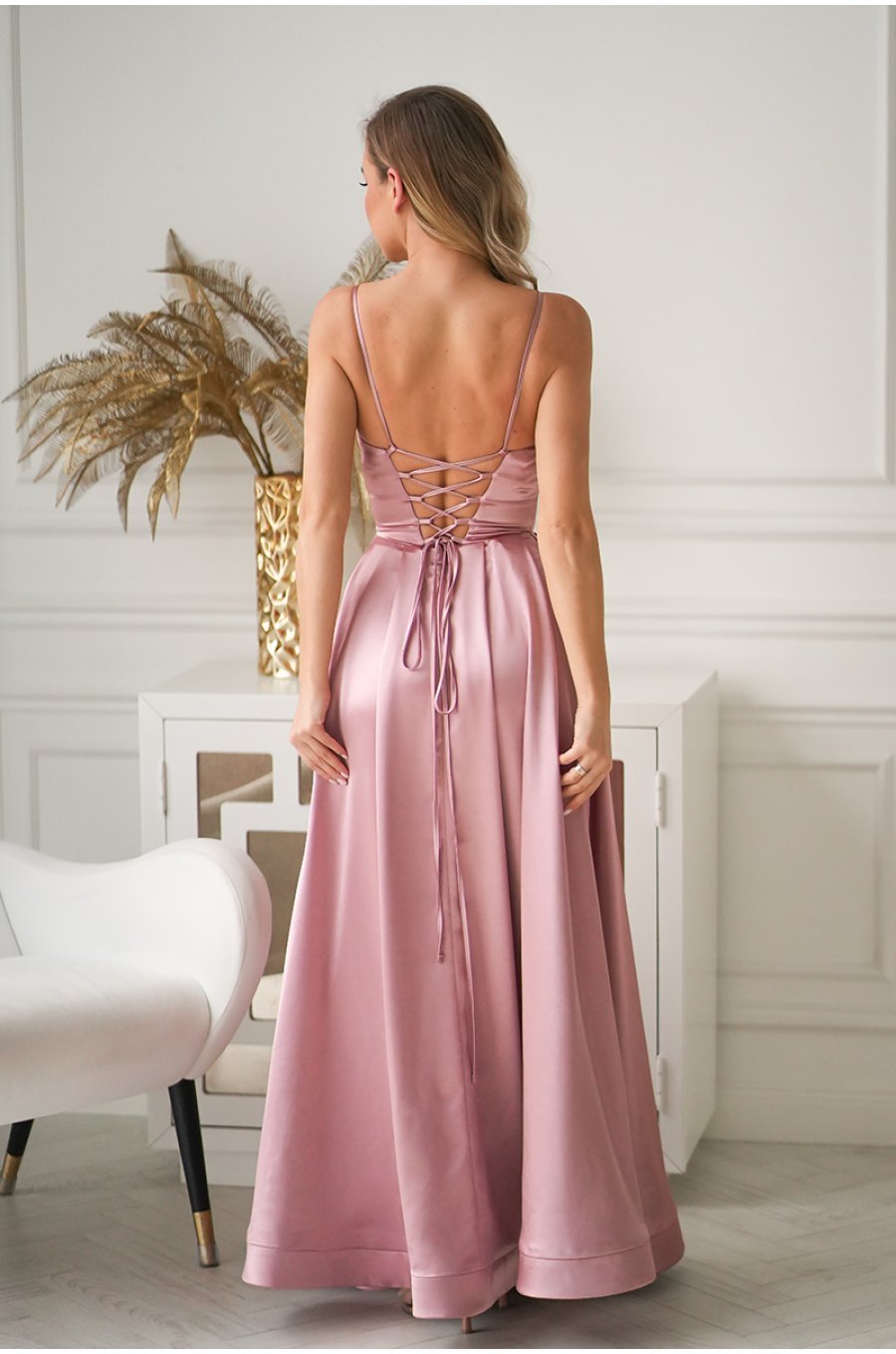 Rochie eleganta lunga satin roz pudra cu bust tip corset vaporoasa Saphira 2 - jojofashion.ro