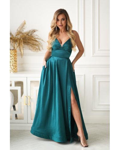 Rochii satin, Rochie eleganta lunga satin verde smarald cu bust tip corset vaporoasa Saphira - jojofashion.ro