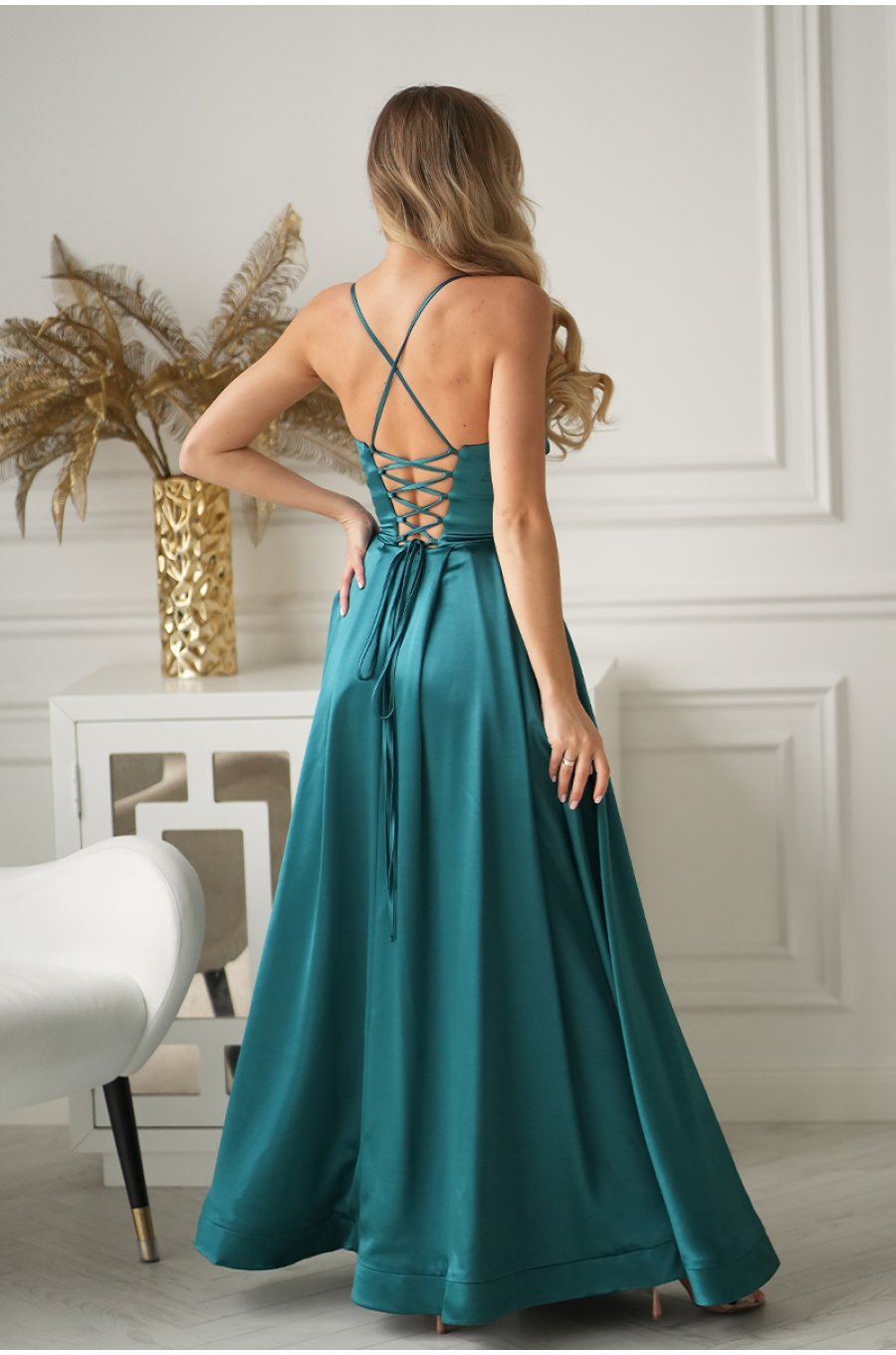 Rochie eleganta lunga satin verde smarald cu bust tip corset vaporoasa Saphira 2 - jojofashion.ro