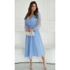 Rochie eleganta midi, din tul cu glitter, bleu, evazata, cu maneca lunga, Petra