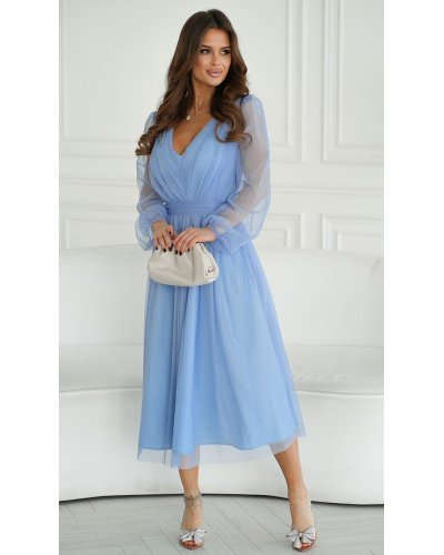 Rochie eleganta midi, din tul cu glitter, bleu, evazata, cu maneca lunga, Petra Rochii de Ocazie Elegante, Rochie eleganta midi, din tul cu glitter, bleu, evazata, cu maneca lunga, Petra - jojofashion.ro