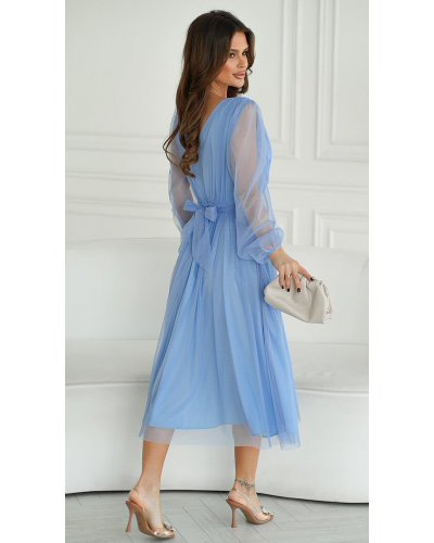 Rochie eleganta midi, din tul cu glitter, bleu, evazata, cu maneca lunga, Petra Rochii de Ocazie Elegante, Rochie eleganta midi, din tul cu glitter, bleu, evazata, cu maneca lunga, Petra - jojofashion.ro