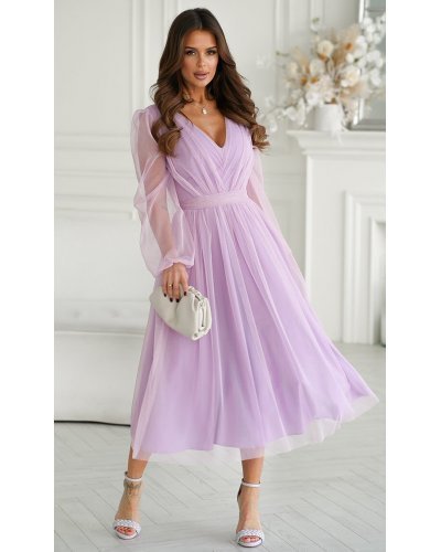 Rochie midi din tul cu glitter lila cu maneca lunga Petra Rochii midi, Rochie midi din tul cu glitter lila cu maneca lunga Petra - jojofashion.ro