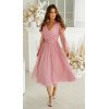 Rochie midi eleganta din tul cu glitter roz cu maneca lunga Petra