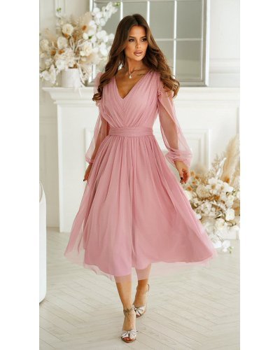 Rochie midi eleganta din tul cu glitter roz cu maneca lunga Petra Rochii cununie civila, Rochie midi eleganta din tul cu glitter roz cu maneca lunga Petra - jojofashion.ro