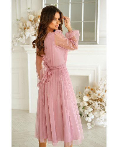 Rochie midi eleganta din tul cu glitter roz cu maneca lunga Petra Rochii cununie civila, Rochie midi eleganta din tul cu glitter roz cu maneca lunga Petra - jojofashion.ro