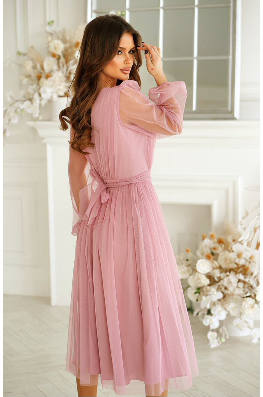 Rochie eleganta midi, din tul cu glitter, roz, evazata, cu maneca lunga, Petra 2 - jojofashion.ro