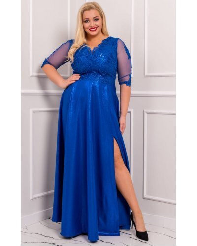 Rochie lunga marime mare albastra dantela si brocard Adalyze Rochii lungi, Rochie lunga marime mare albastra dantela si brocard Adalyze - jojofashion.ro