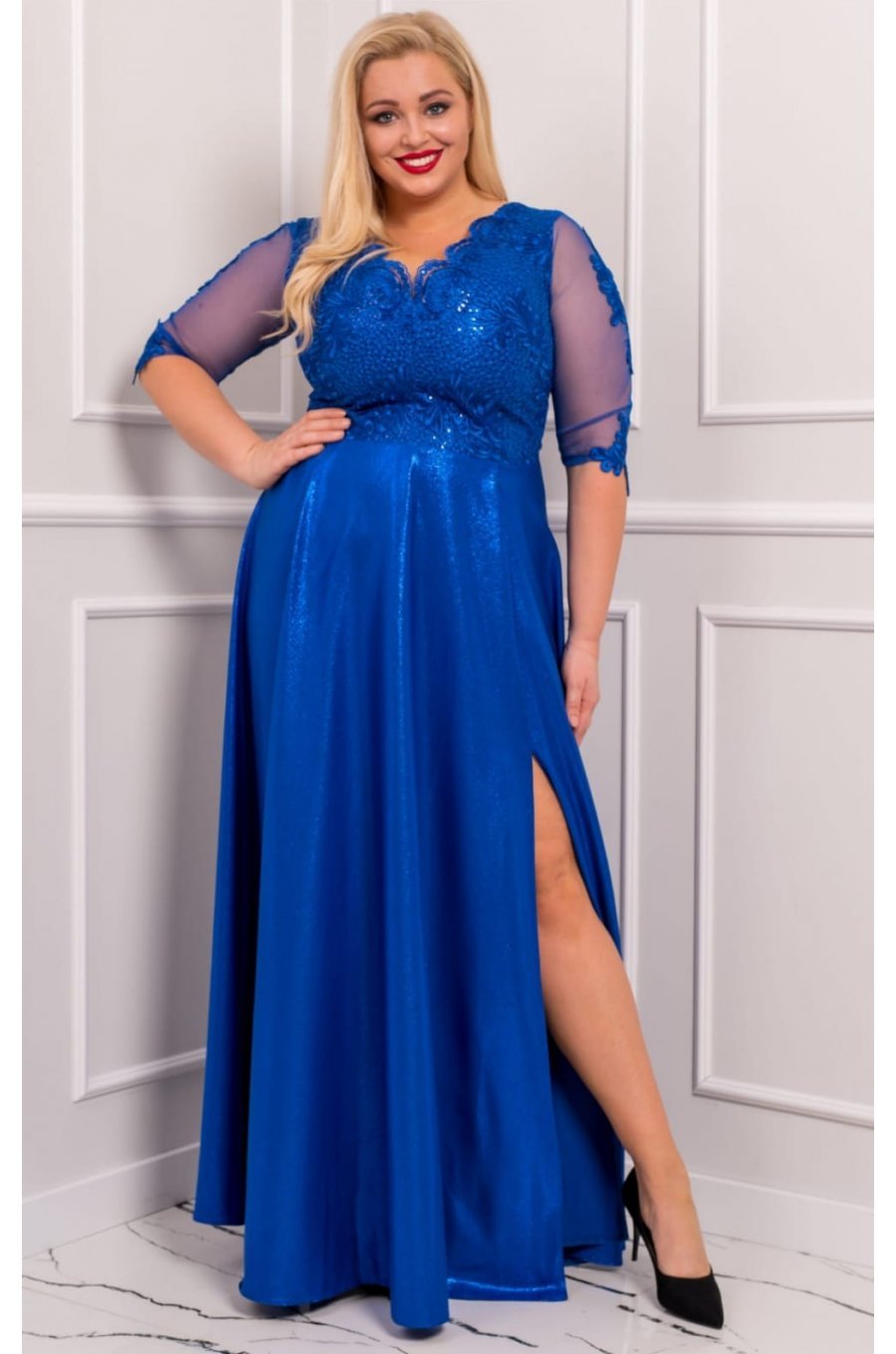 Rochie lunga marime mare albastra dantela si brocard Adalyze 1 - jojofashion.ro
