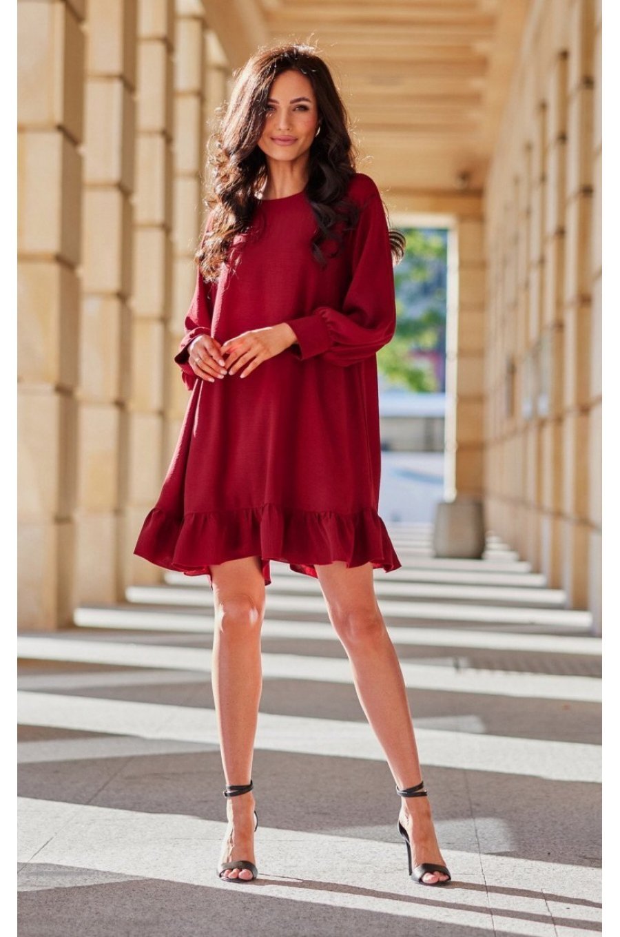 Rochie scurta burgundy cu maneca lunga si volan SintraR 1 - jojofashion.ro