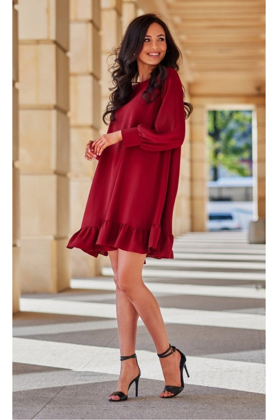 Rochie scurta burgundy cu maneca lunga si volan SintraR 2 - jojofashion.ro
