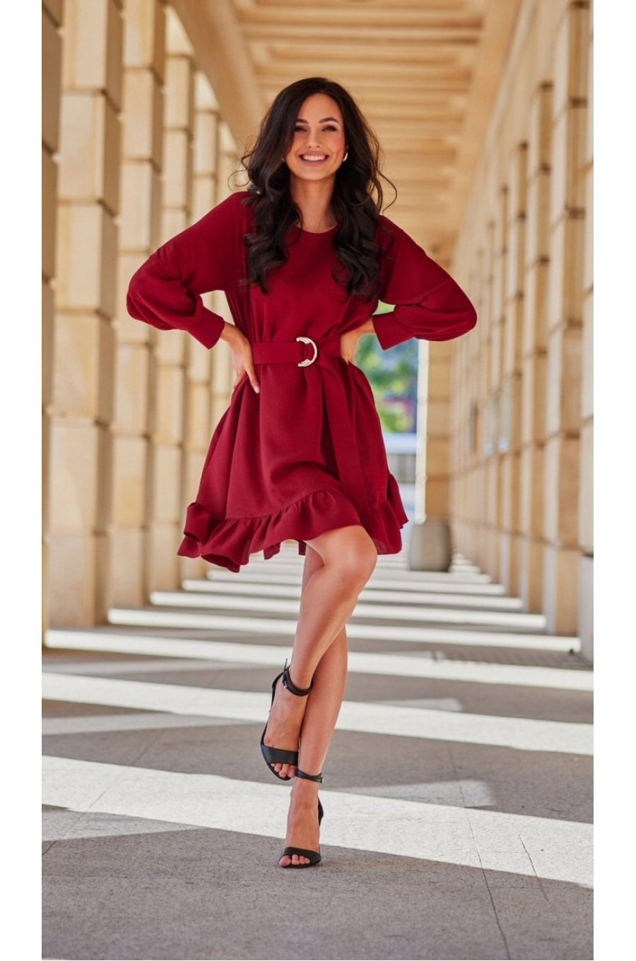 Rochie scurta burgundy cu maneca lunga si volan SintraR 3 - jojofashion.ro