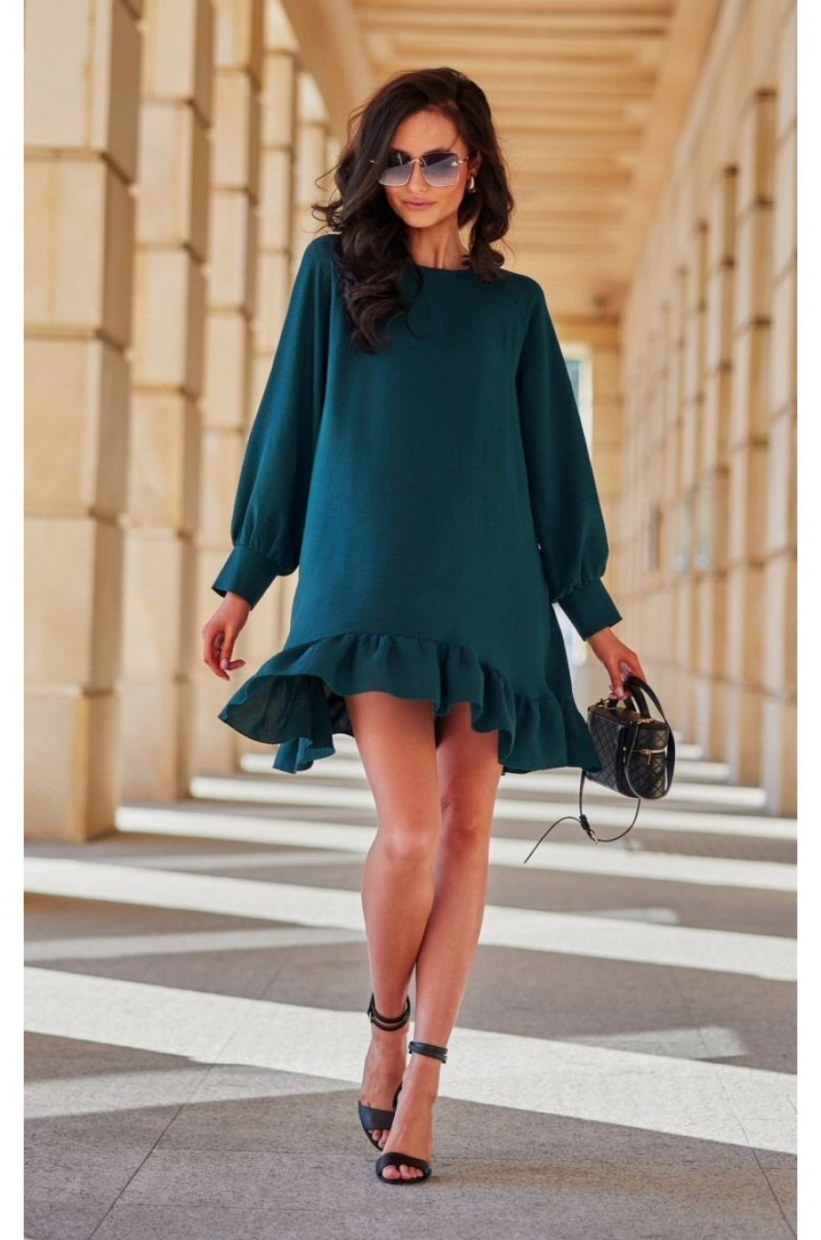 Rochie verde scurta cu maneca lunga si volan SintraR 1 - jojofashion.ro