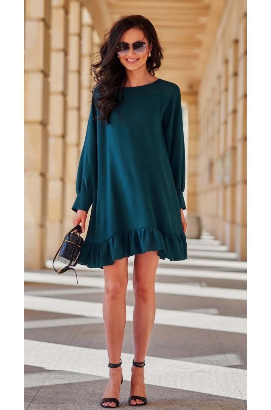 Rochie verde scurta cu maneca lunga si volan SintraR 3 - jojofashion.ro
