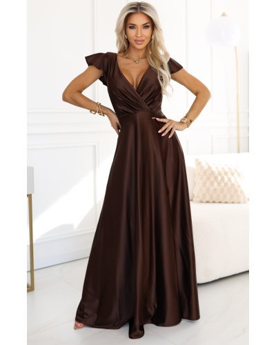 Rochii de nunta, Rochie lunga din satin maro ciocolata Cristaliza - jojofashion.ro