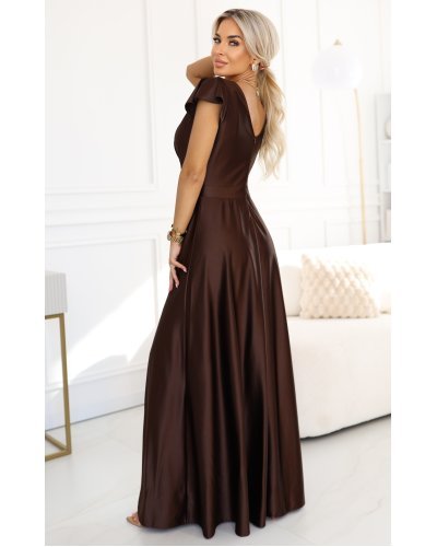 Rochii satin, Rochie lunga din satin maro ciocolata Cristaliza - jojofashion.ro